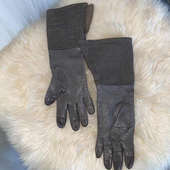 Mid-length 100% grey leather gloves, embossed wrist with slit! Size 7 - Picture 8 of 13